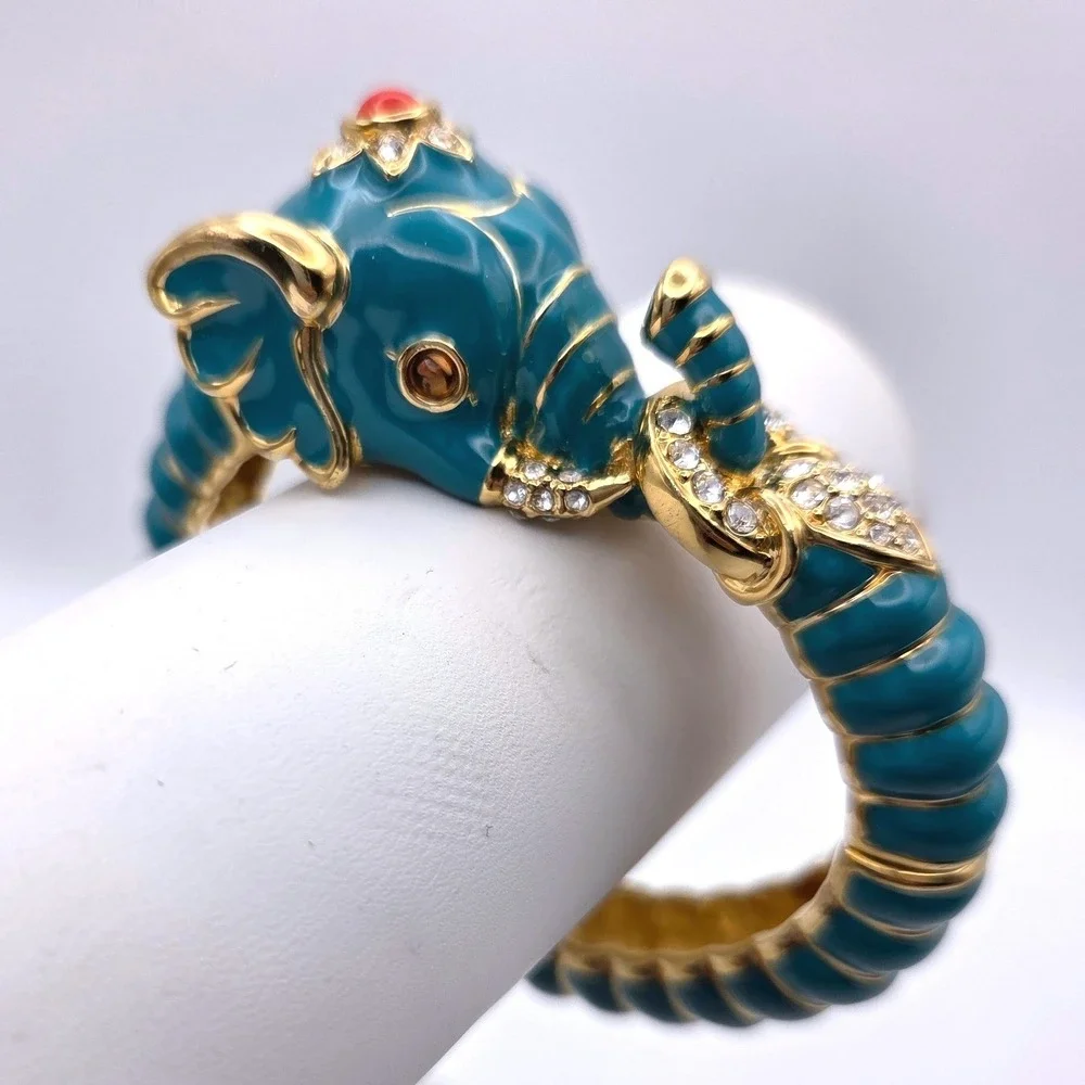 VTG Kenneth Jay Lane KJL Teal Enamel Elephant Hinge Bangle Bracelet Gold Tone - Picture 2 of 9